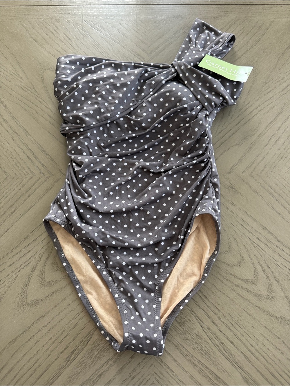 Garnet Hill Gray Polka Dot One-Shoulder Swimsuit